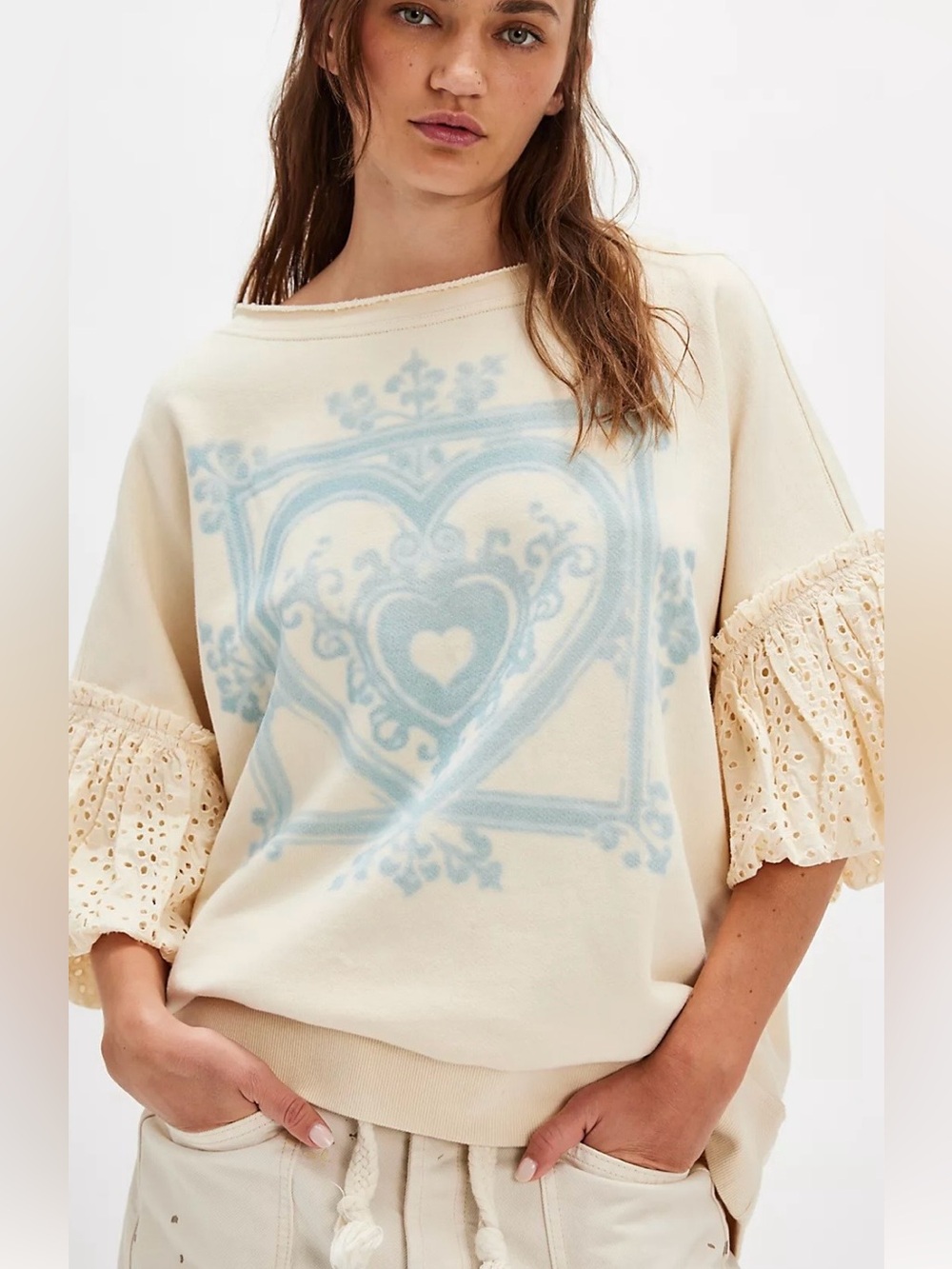 Free People Cream Sweatshirt with Pale Blue Heart Graphic & Eyelet Sleeves